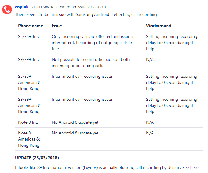 samsung galaxy s9 issues call recording